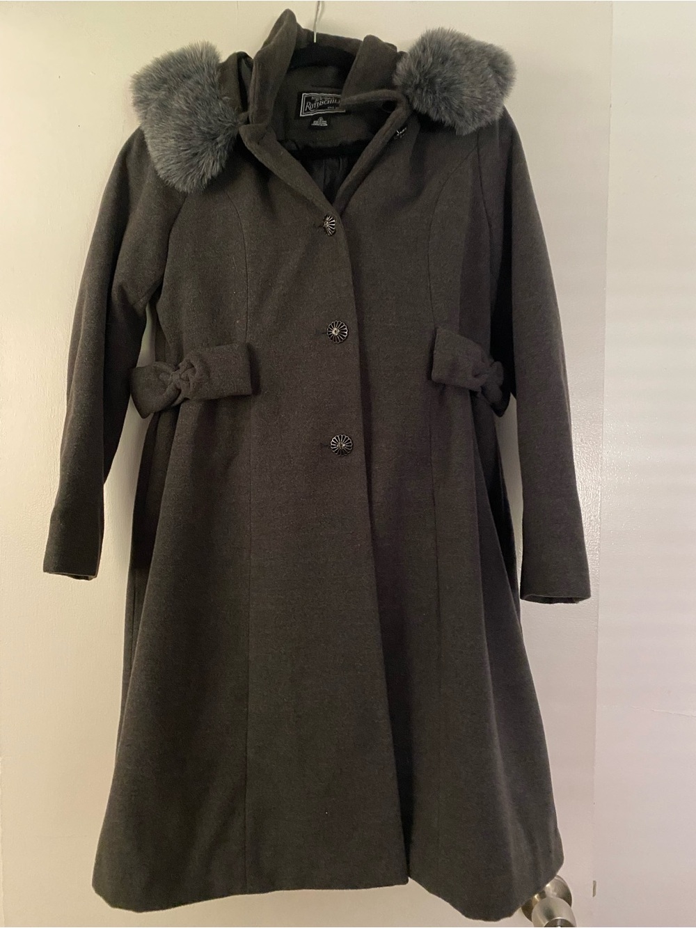 Rothschild Dark Gray Hooded Trench Coat with Faux Fur Trim